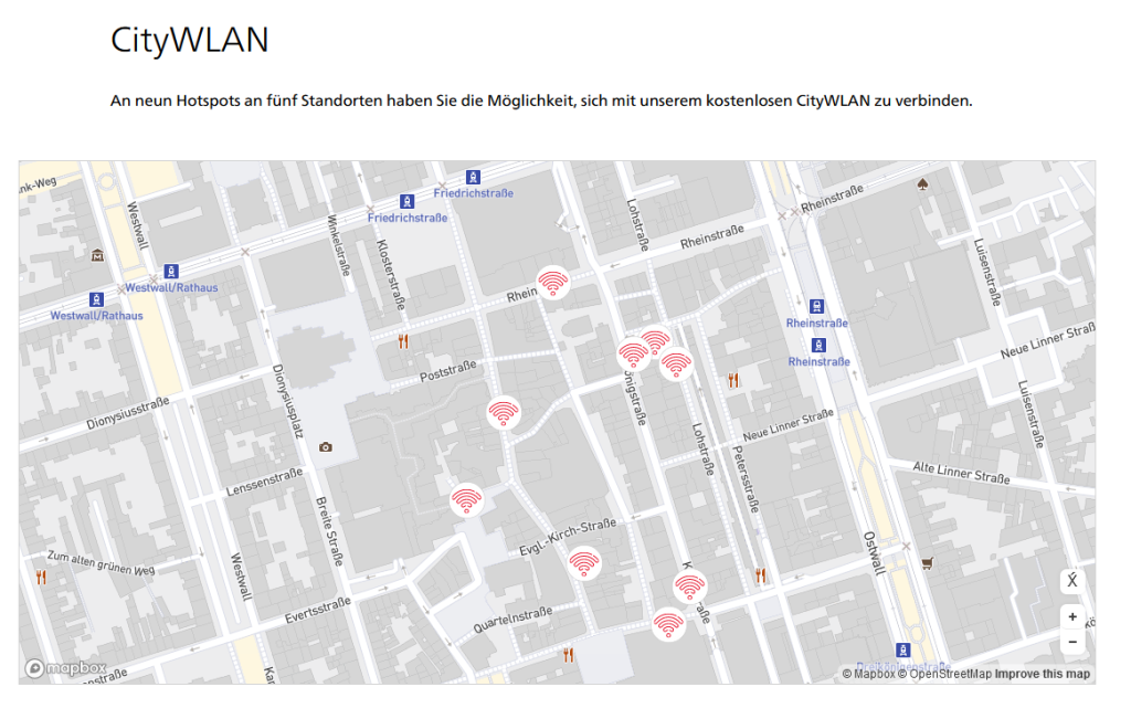 Karte der WLANVersorgung der Krefelder Innenstadt